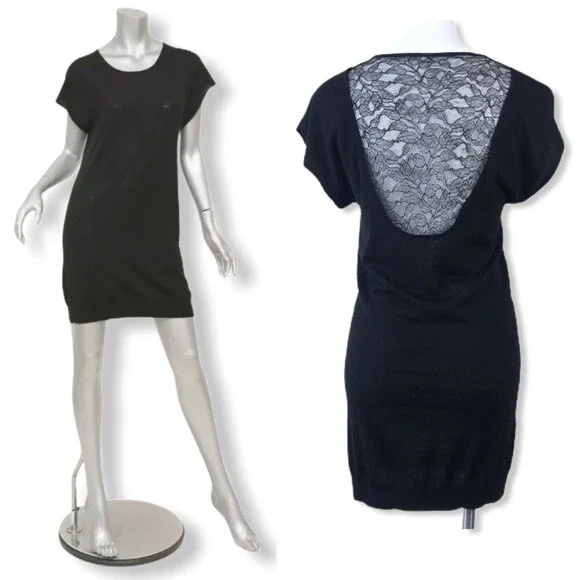 Theory Kobe Nouvella Black Lace Back Knit Wool Sweater Mini Dress Tunic S Goth - Picture 3 of 16